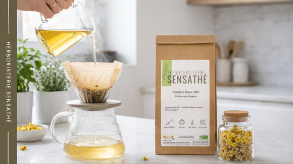 Préparation d’une infusion de bouillon-blanc avec filtre à café pour éliminer les poils irritants de la molène - Herboristerie Sensathé Préparation d’une infusion de bouillon-blanc avec filtre à café pour éliminer les poils irritants de la molène - Herboristerie Sensathé